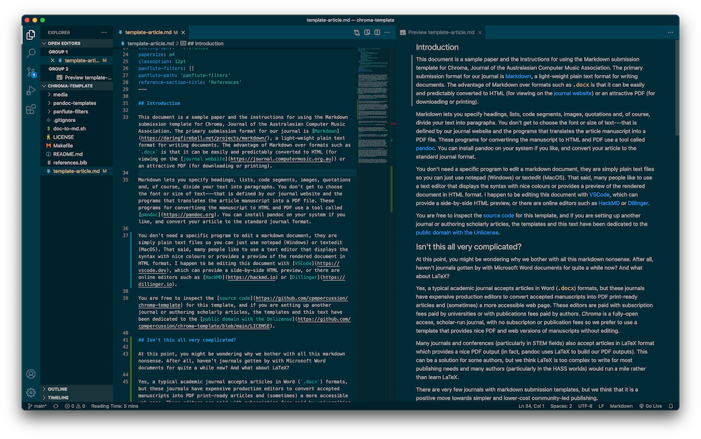 Editing this Markdown file in VSCode and viewing a preview.