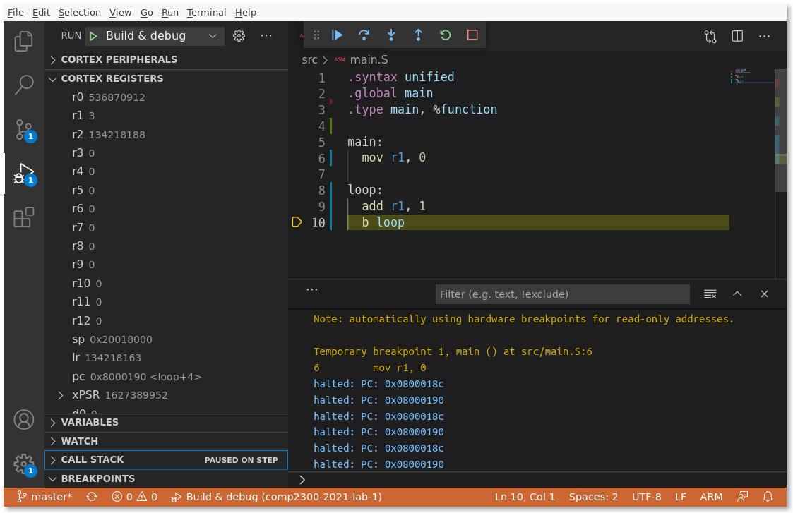 VSCodium debug view, showing registers (bottom left)