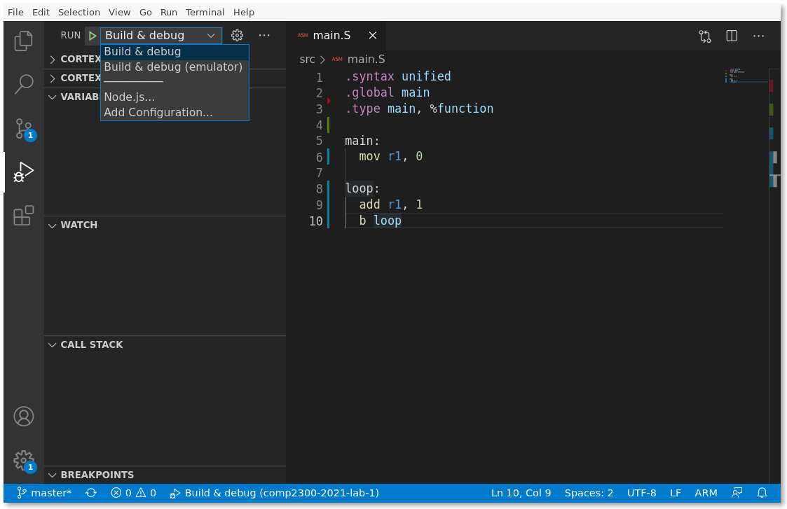 Debug config selection box