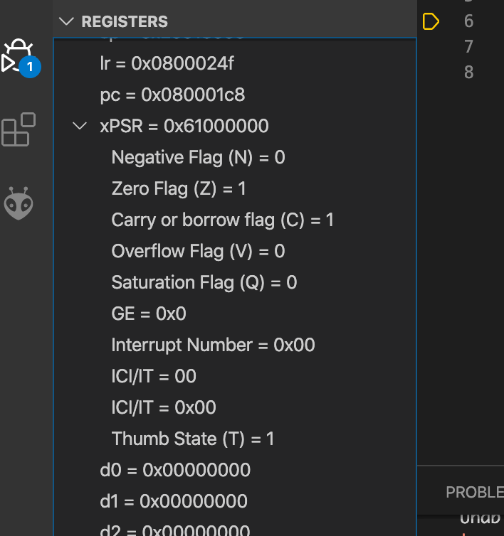 Current program status register view in VSCode